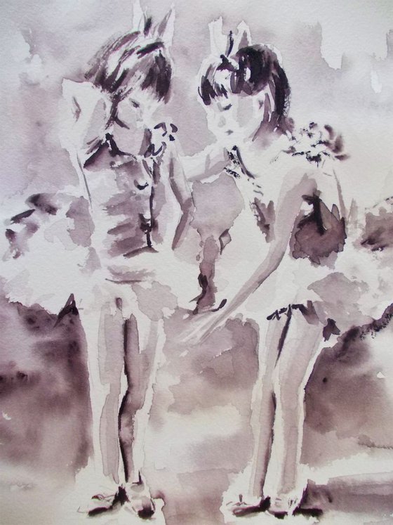 Two Little Ballerinas - Original ballet watercolor painting