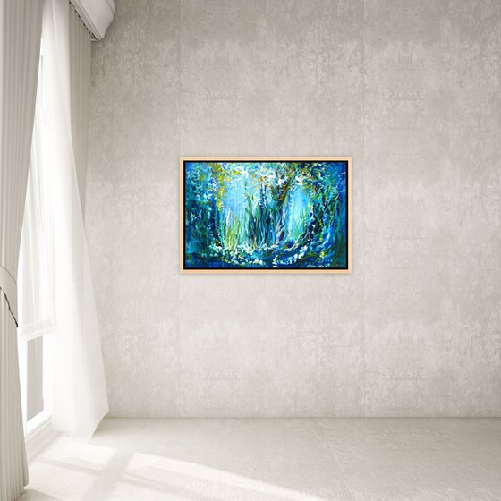 Floral Landscape Painting Abstract Flowers Forest Pond Water Reflection. Large Blue Contemporary Painting Modern Impressionistic Art