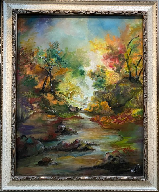 Heaven in Earth, an unique colorful original oil landscape on a 16x20 wrapped canvas in an exquisite frame