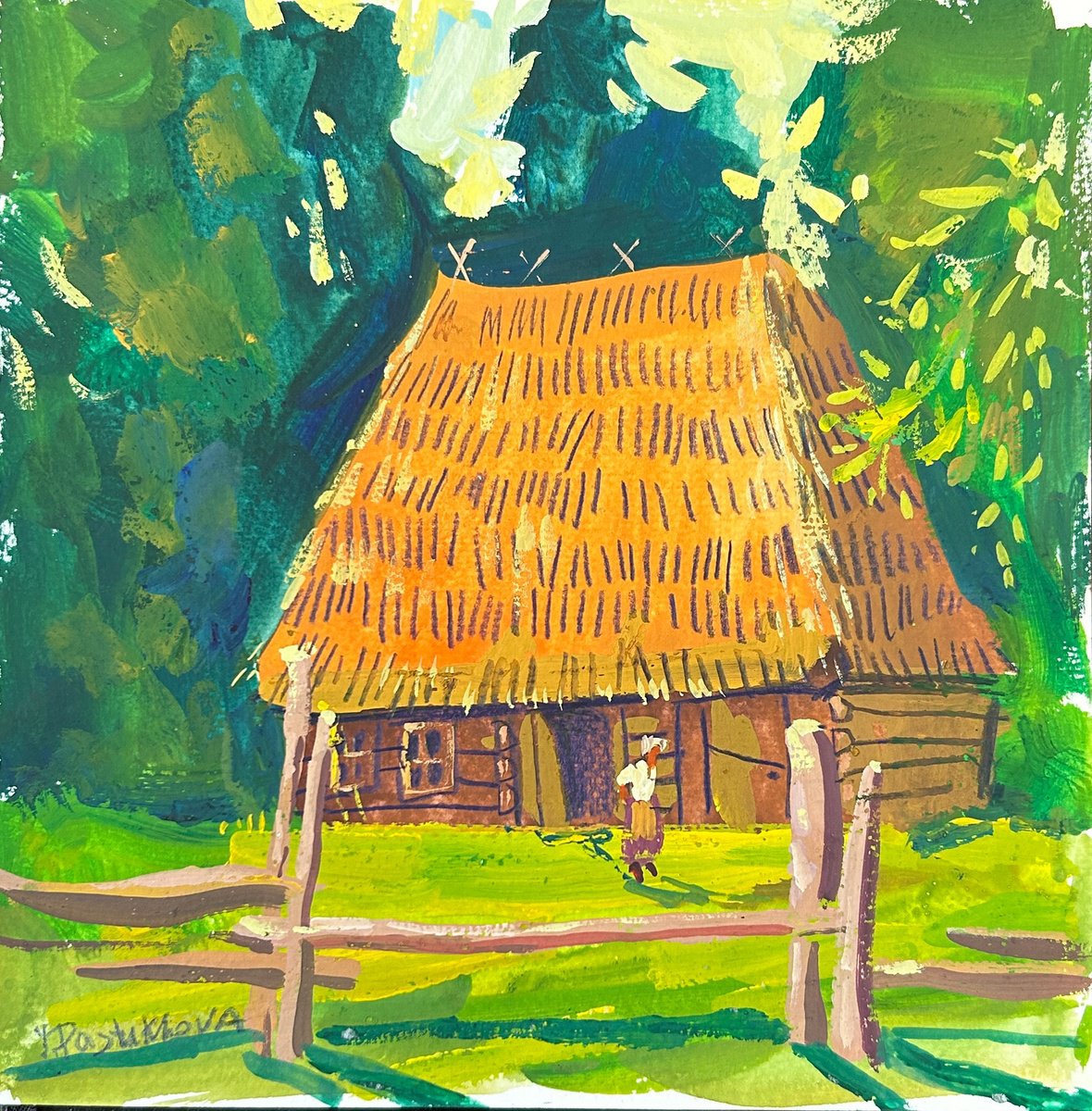Illustrative Landscape Painting By Yuliia Pastukhova, 8 X 8", House In The Shevchenko Grove, Original Artwork