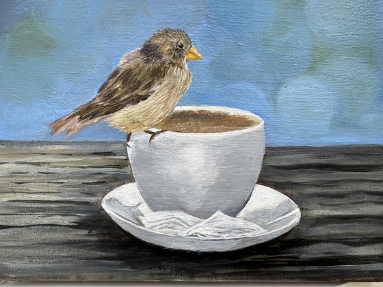 Sparrow on teacup