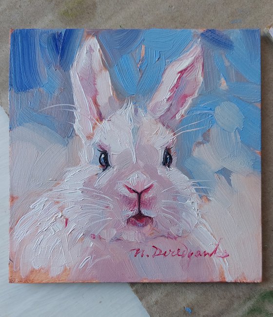 Funny rabbit oil painting original art 10x10 cm, White Bunny illustration nursery wall art