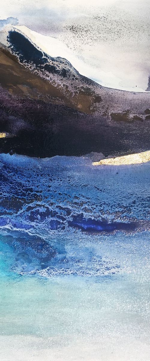 "Naturally beautiful" abstract seascape dreamy atmospheric blue turquoise with gold by Henrieta Angel