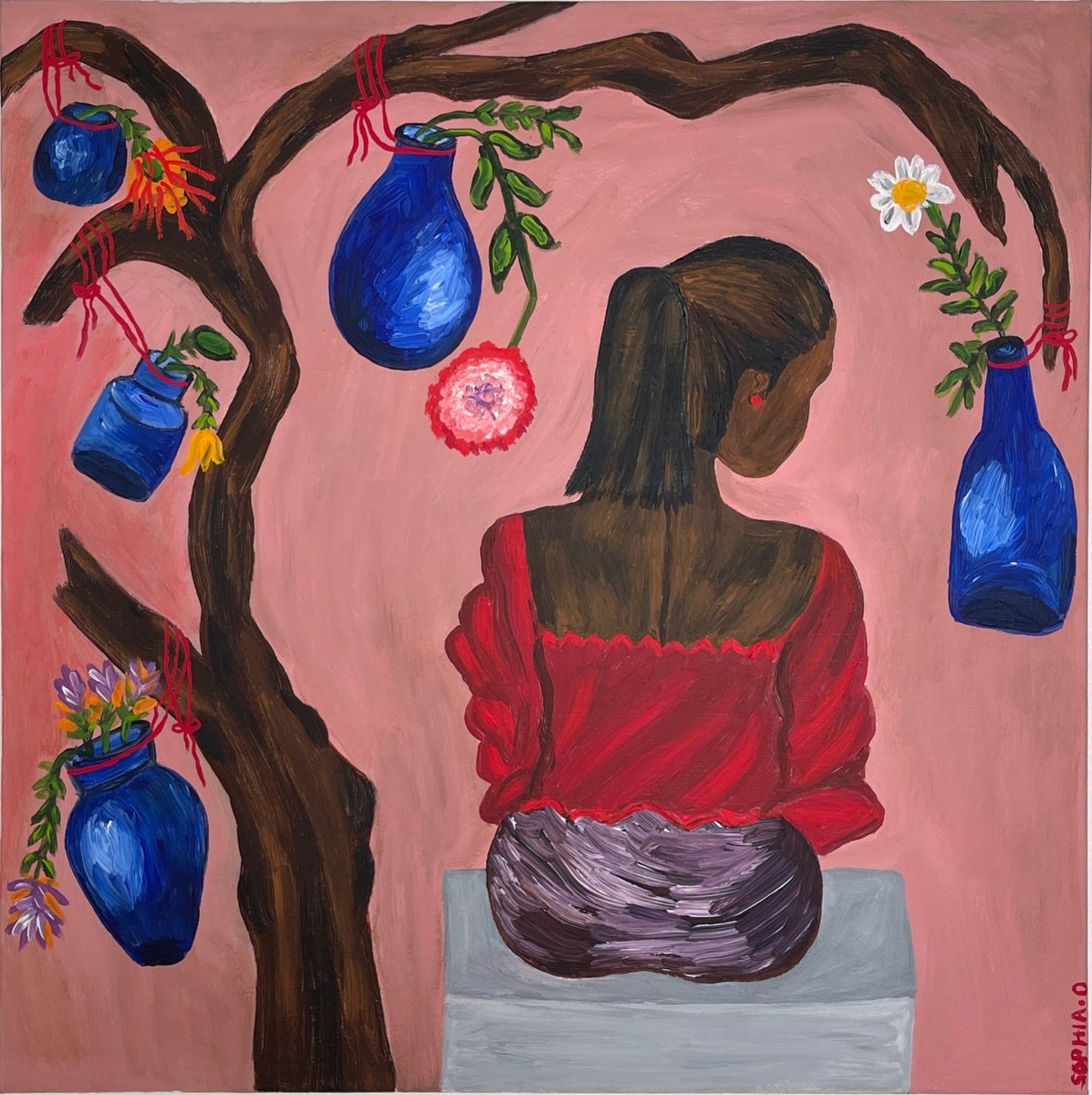 Expressive Portrait Acrylic Painting By Sophia Oshodin, 20 X 20", Fragrance Of Joy Painting, Original Artwork