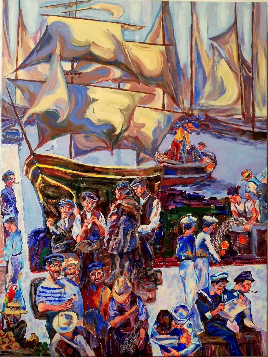 Impressionistic Landscape Acrylic Painting By Jelena Djokic, 30 X 39, Harbor Life, Original Artwork