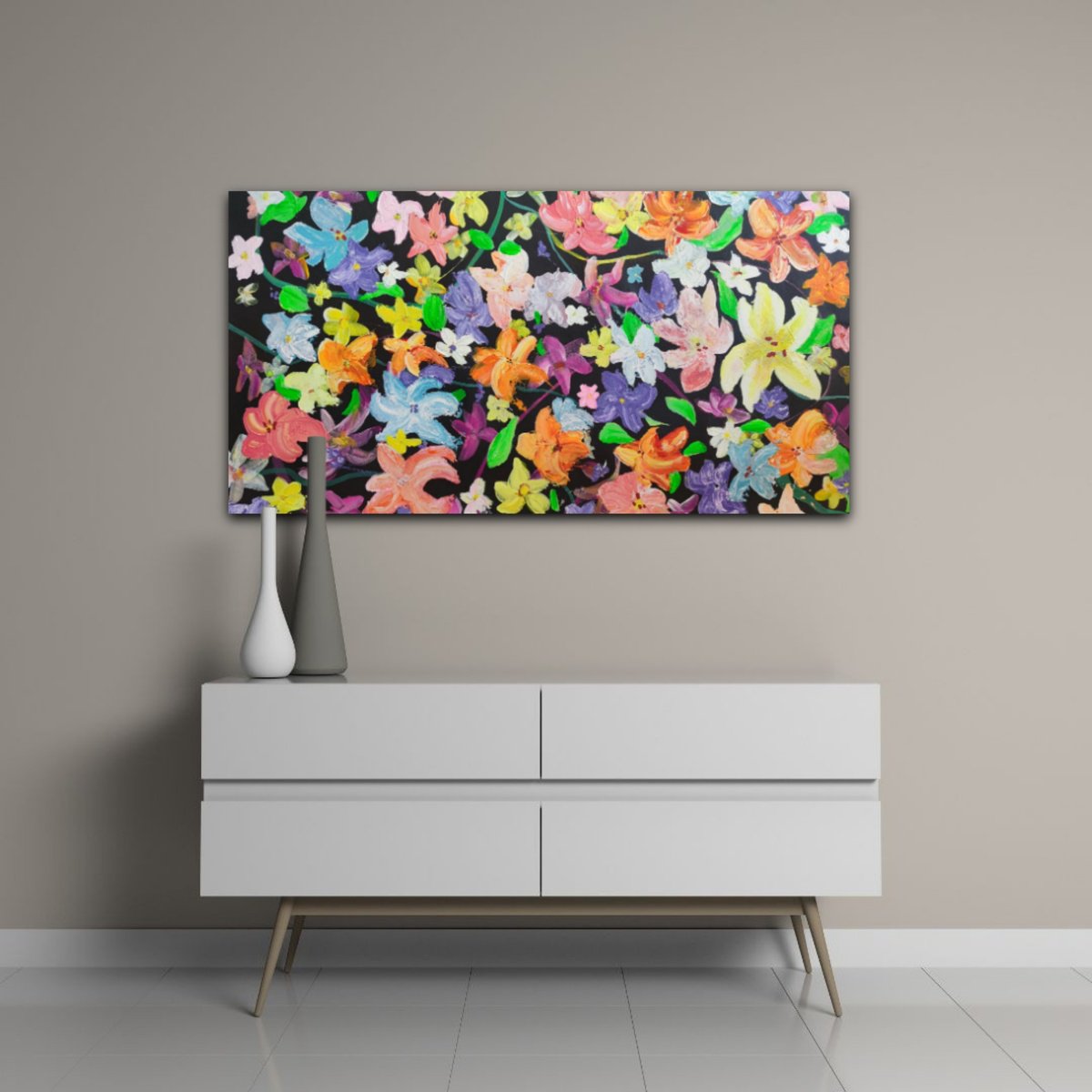 Impressionistic Botanical Acrylic Painting By Chrissy Guest, 29 X 39, Abundant Flowers, Original Artwork
