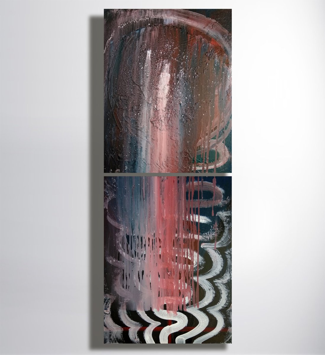 Impressionistic Abstract Acrylic Painting By Marya, 28 X 71", "Waterfall " Diptych, Original Artwork