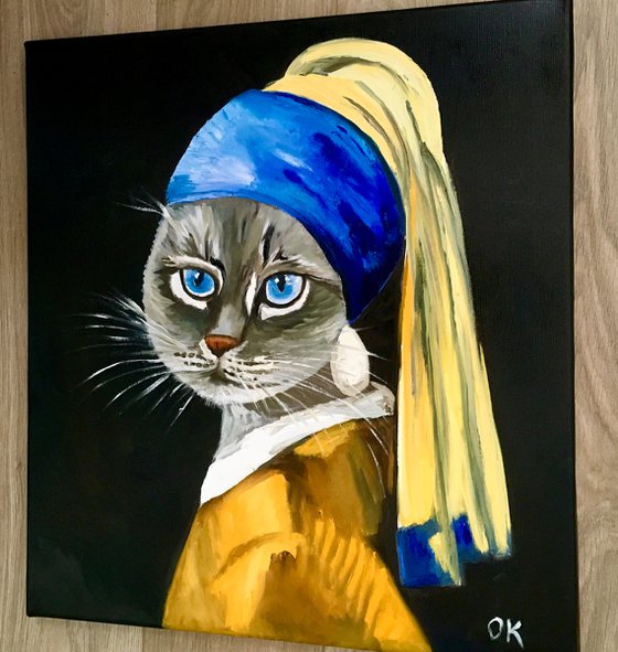 British blue Cat with the pearl earring #2 inspired by Vermeer painting feline art for cat lovers gift idea