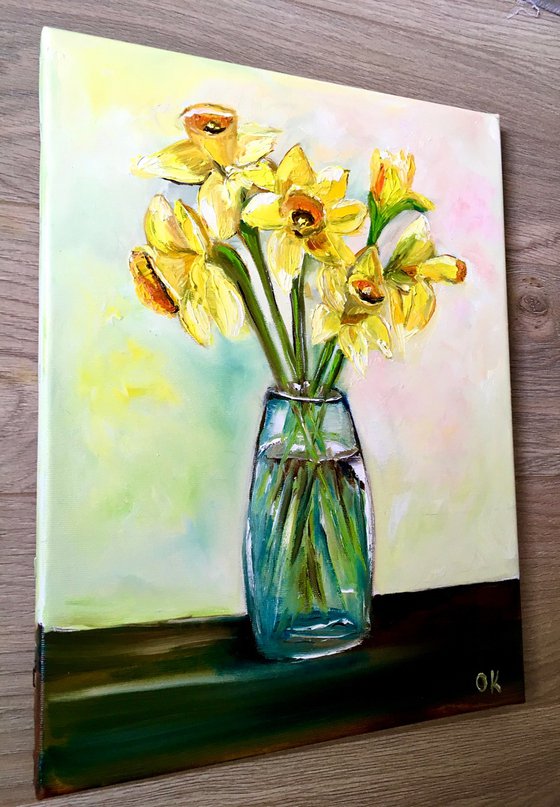 Bouquet of Daffodils  #3 on wooden  table, still life inspired by spring in a glass.