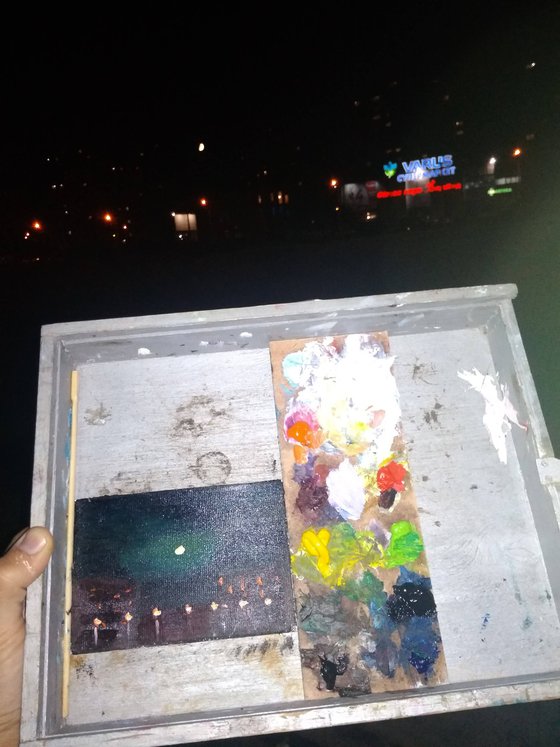 Moonlight night over the city. Plein Air Painting
