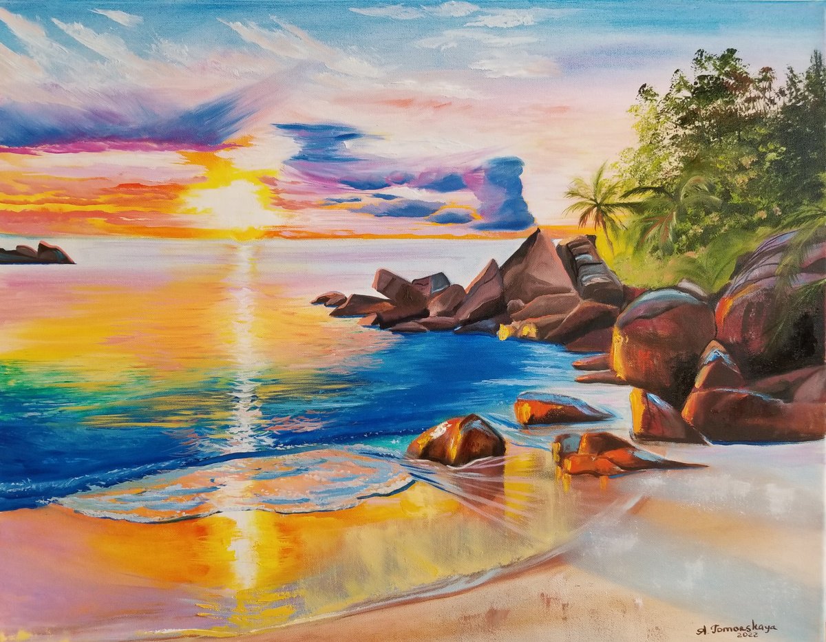 Expressive Landscape Oil Painting By Alexandra Tomorskaya/Caramel Art Gallery, 28 X 22, Golden Beach, Original Artwork