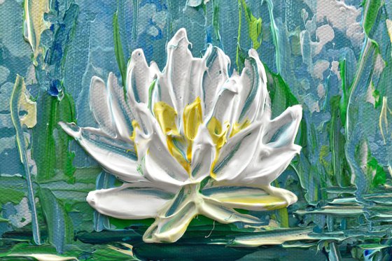 Water Lilies Painting 16x20", Impasto Original Painting, Blue Wall Art Canvas, Heavy Textured Floral Art, Abstract Waterlilies, Gift Artwork