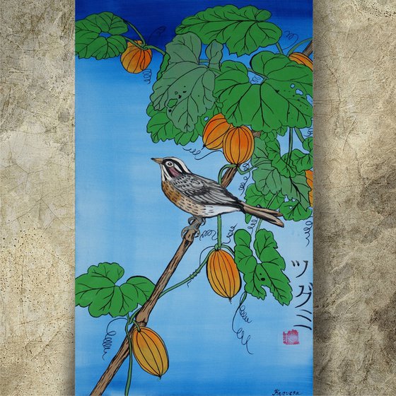 catbird branch Japan Hieroglyph original artwork in japanese style J105 ready to hang painting acrylic on stretched canvas wall art