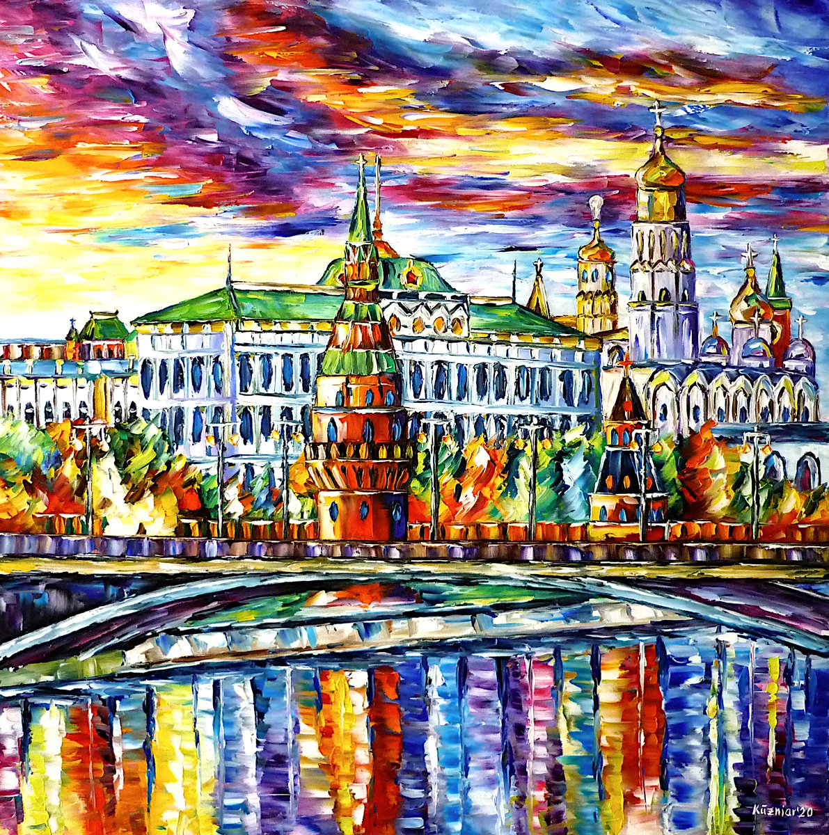 Expressive Cityscapes Oil Painting By Mirek Kuzniar, 28 X 28", Moscow Kremlin, Original Artwork