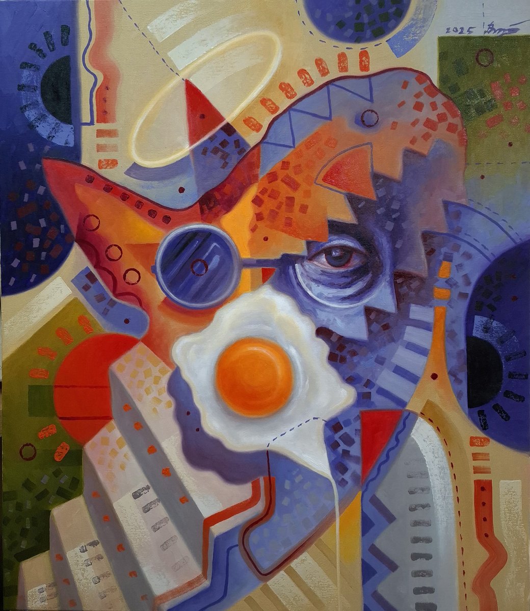 Surrealistic Abstract Oil Painting By Serhii Voichenko, 24 X 27", Quick Breakfast, Original Artwork