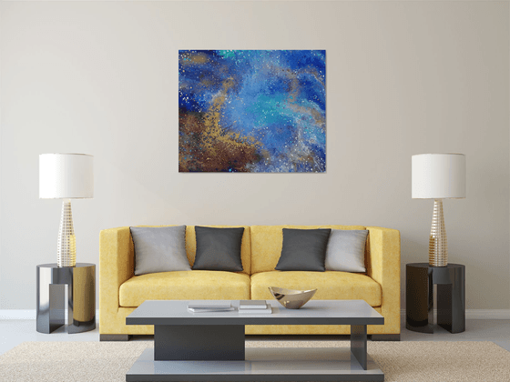 "The unknown beckons" space, sky, sea landscape, original acrylic painting, abstract art, office home decor, blue, gold, copper