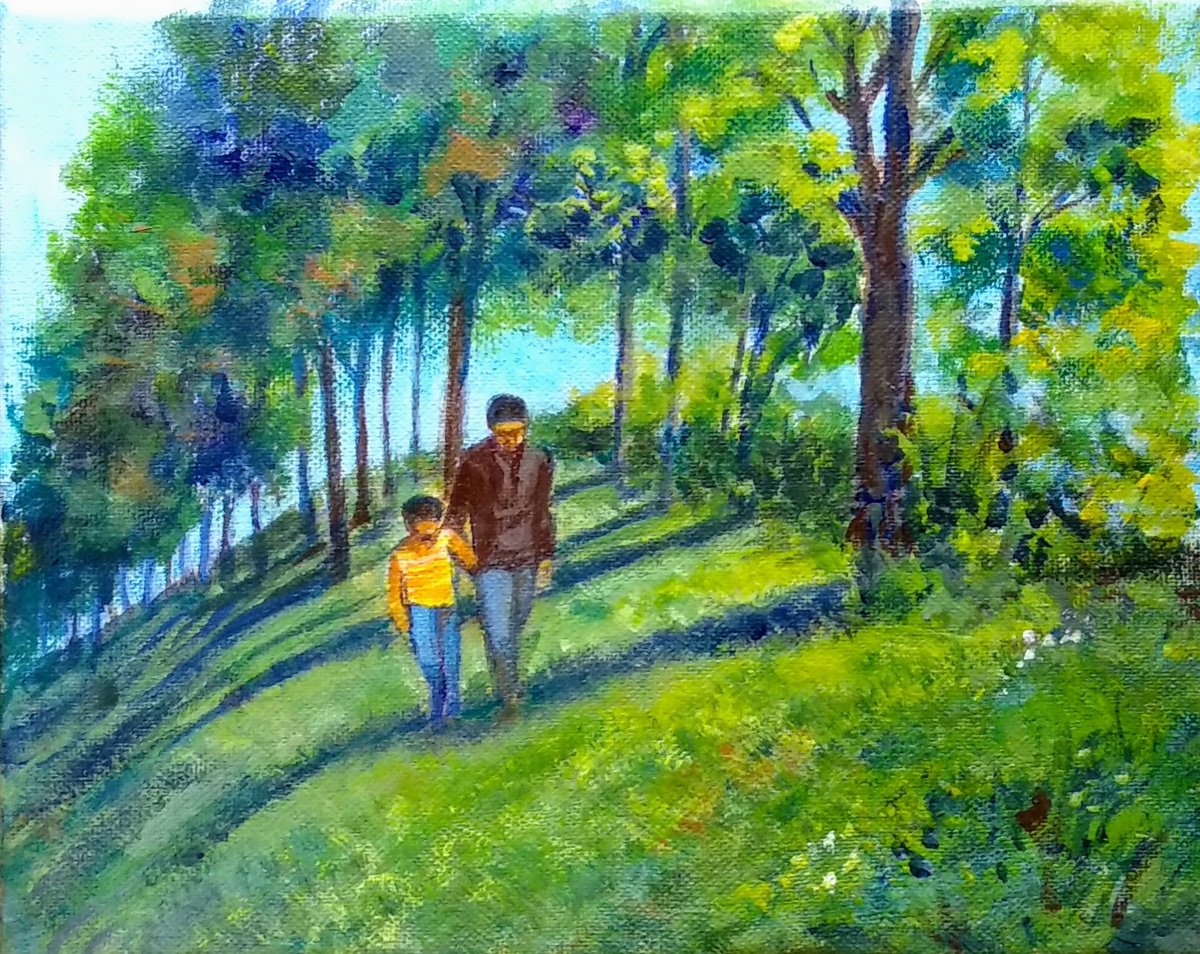 Impressionistic Portrait Acrylic Painting By Asha Shenoy, 10 X 8, Father And Son On A Stroll, Original Artwork