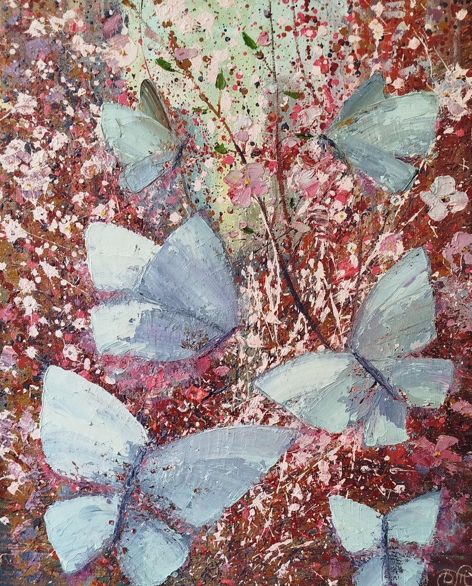 Impressionistic Landscape Oil Painting By Dmitrij Tikhov, 16 X 20, Butterflies, Original Artwork