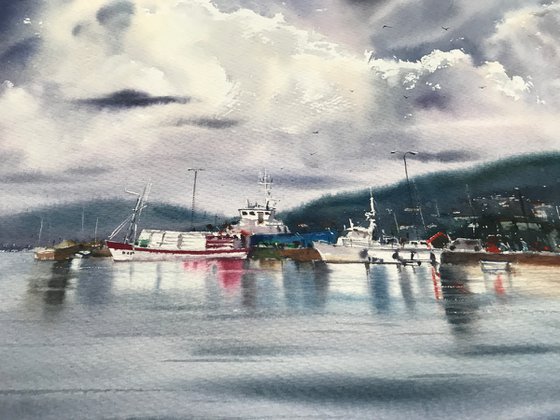 Moored yachts and clouds, Palamos