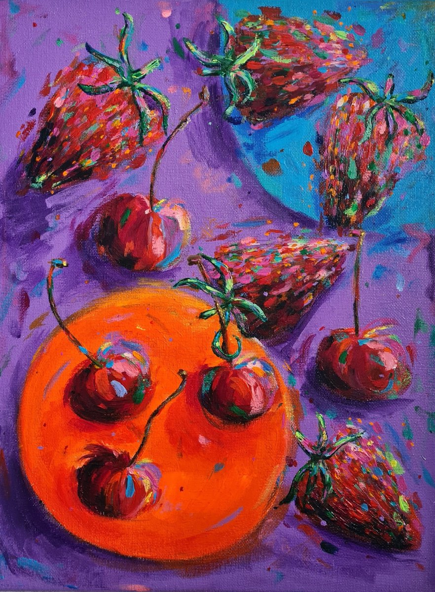 Impressionistic Still Life Acrylic Painting By Dawn Underwood, 12 X 16, Cherries And Strawberries, Original Artwork