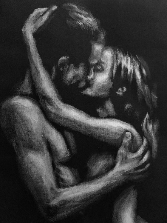 Kisses Erotic Art Couple Naked Man and Woman Black and Silver Decor