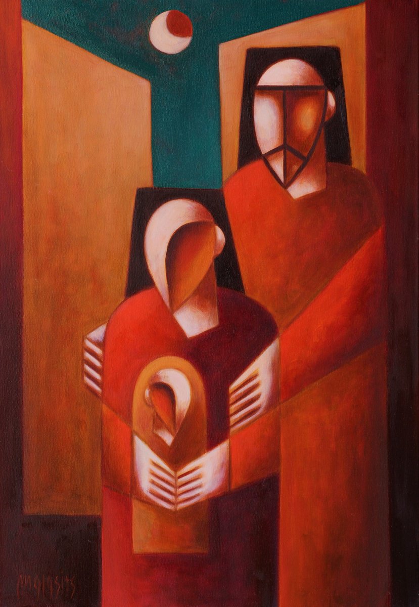 Surrealistic Portrait Oil Painting By Malasits Zsolt, 22 X 31", Family In A Big City, Original Artwork