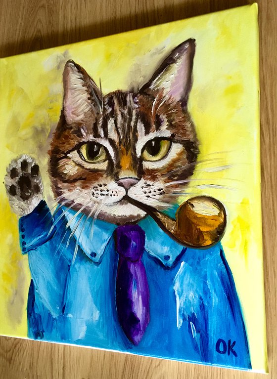 Troy The  Cat, portrait with a pipe and tie   oil painting for cat lovers