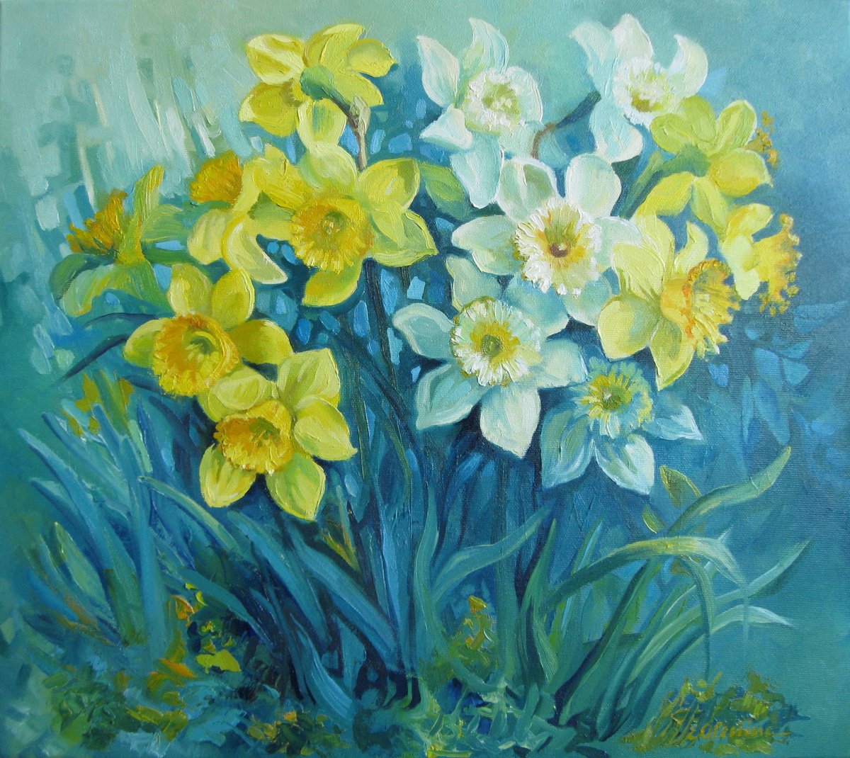 Impressionistic Botanical Oil Painting By Elena Oleniuc, 18 X 16, Spring Of Daffodils, Original Artwork