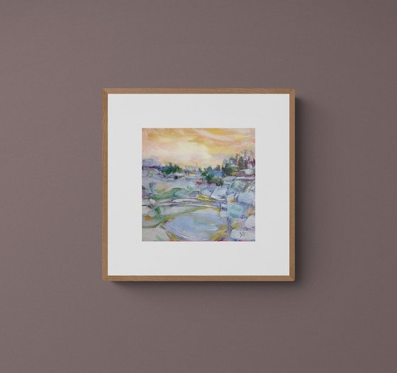 BEGINNINGS- small square landscape painting, winter, blue, yellow, pastel, nature, countryside