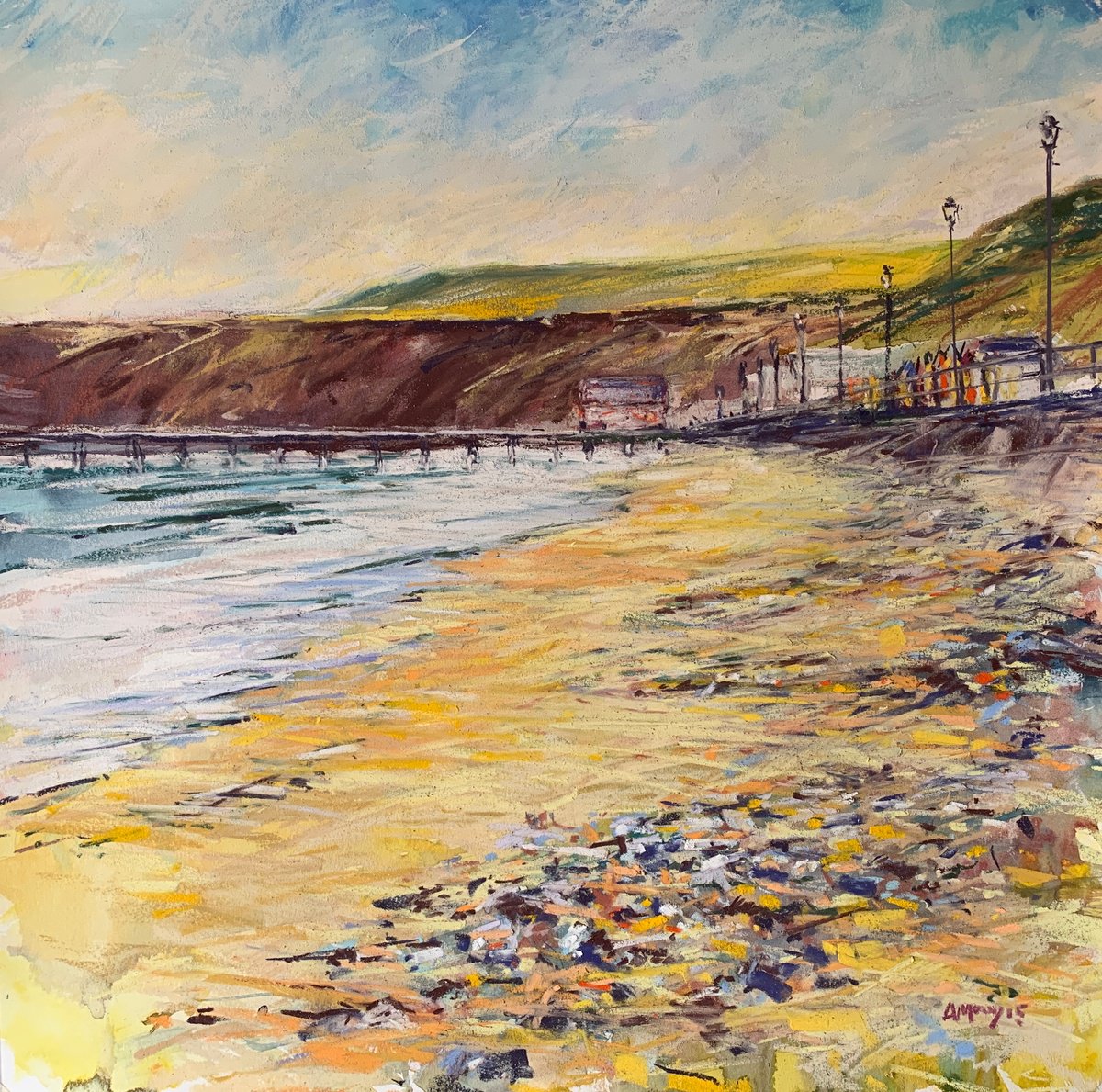 Impressionistic Landscape Drawing By Andrew Moodie, 20 X 20, Beach Huts Saltburn, Original Artwork