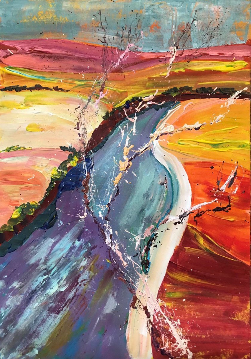 Abstract Landscape Acrylic Painting By Tetiana Pchelnykova, 11 X 16", Interrupted Flow, Original Artwork