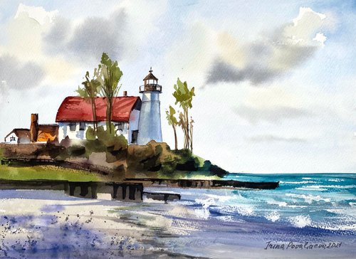 Lighthouse on the beach  watercolor painting with sea , waves and lighthouse , decor for living room, gift for sea lovers by Irina Povaliaeva