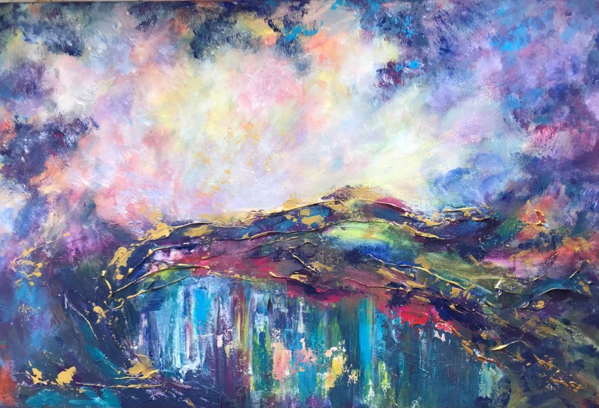 Abstract Landscape Acrylic Painting By Tetiana Pchelnykova, 24 X 16", Golden Reflection, Original Artwork