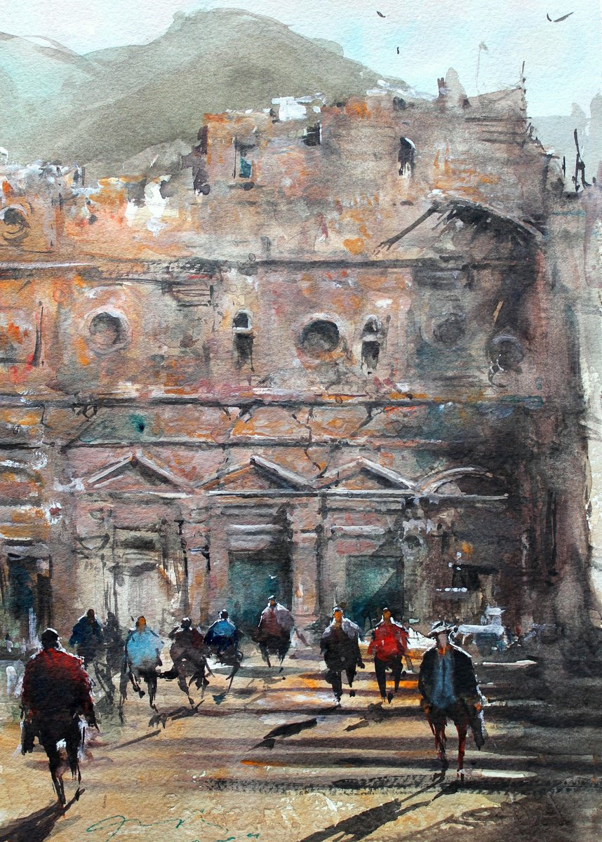 Impressionistic Cityscapes Watercolour By Maximo Damico, 10 X 14", Palace Tomb Petra, Original Artwork