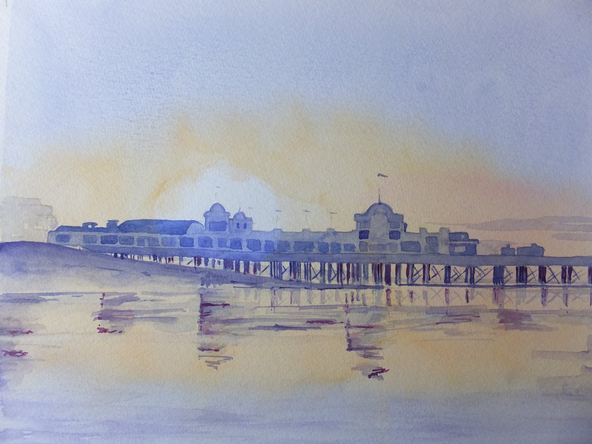 Photorealistic Landscape Watercolour By David Harmer, 19 X 15, Southsea Pier At Daybreak, Original Artwork