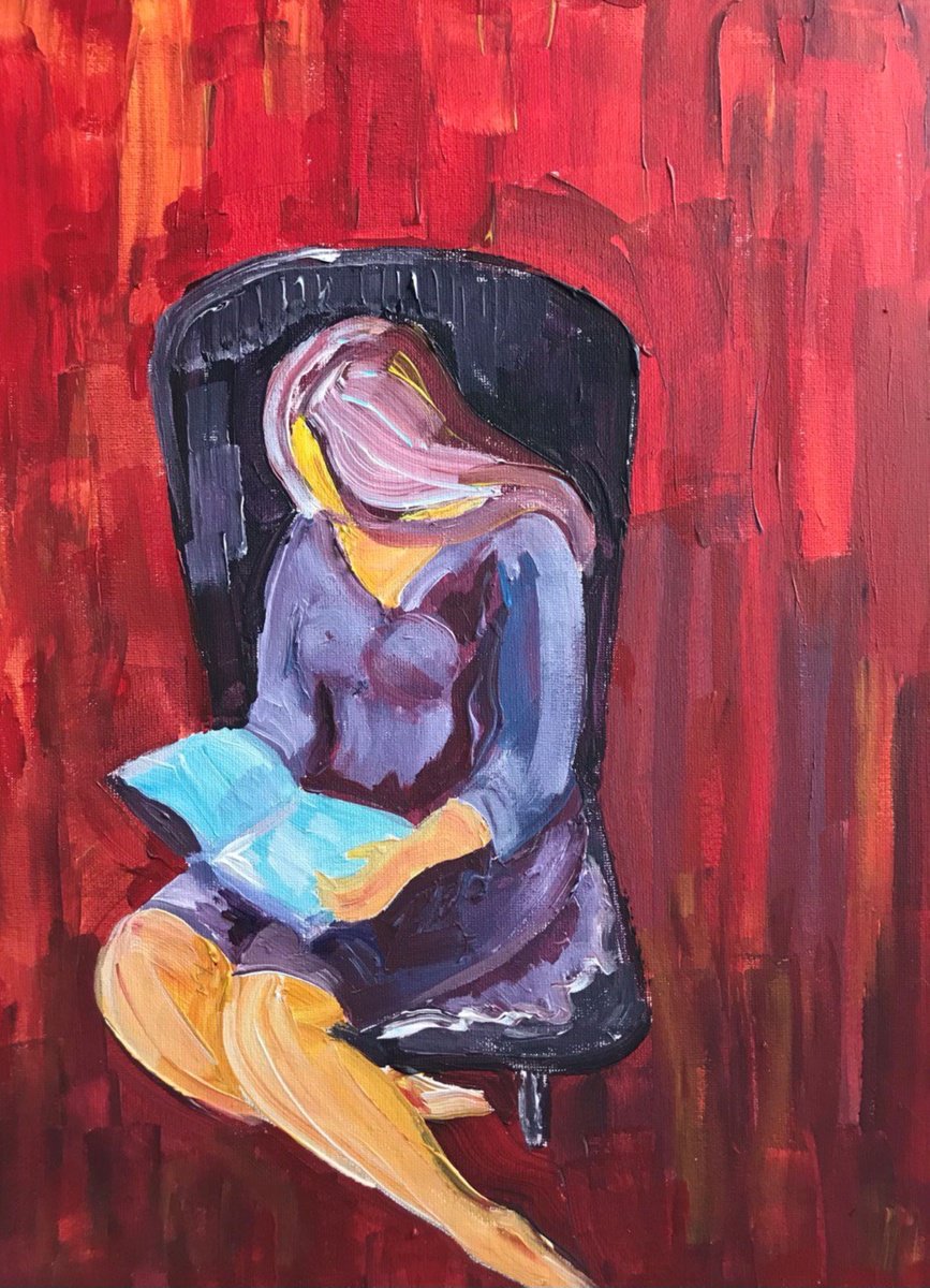 Abstract Portrait Acrylic Painting By Tetiana Pchelnykova, 12 X 16", Black Chair, Original Artwork