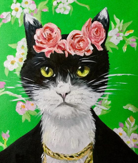 Black cute cat Frida Kahlo