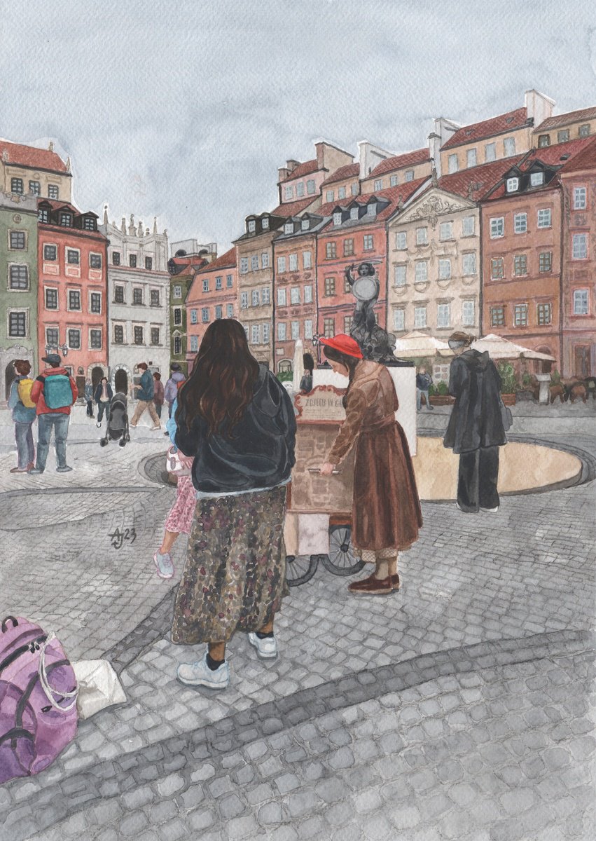 Photorealistic Cityscapes Watercolour By Jolanta Czarnecka, 12 X 17, Old Town Square - Warsaw, Original Artwork