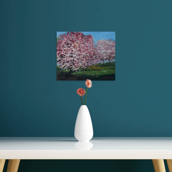 Blooming Cherry - original sunny landscape, painting