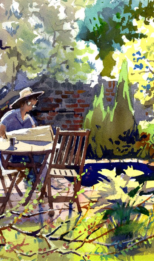 Spring in the Garden, Plum and Pear trees, Pond, Table and Chairs, Lady by Peter Day