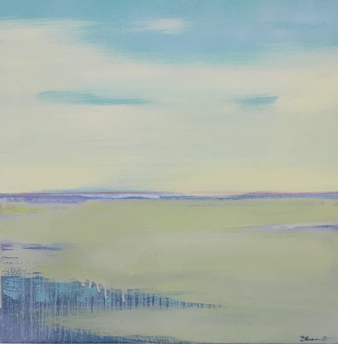 Impressionistic Landscape Acrylic Painting By Yaroslav Yasenev, 24 X 24", Yellow Sea, Original Artwork