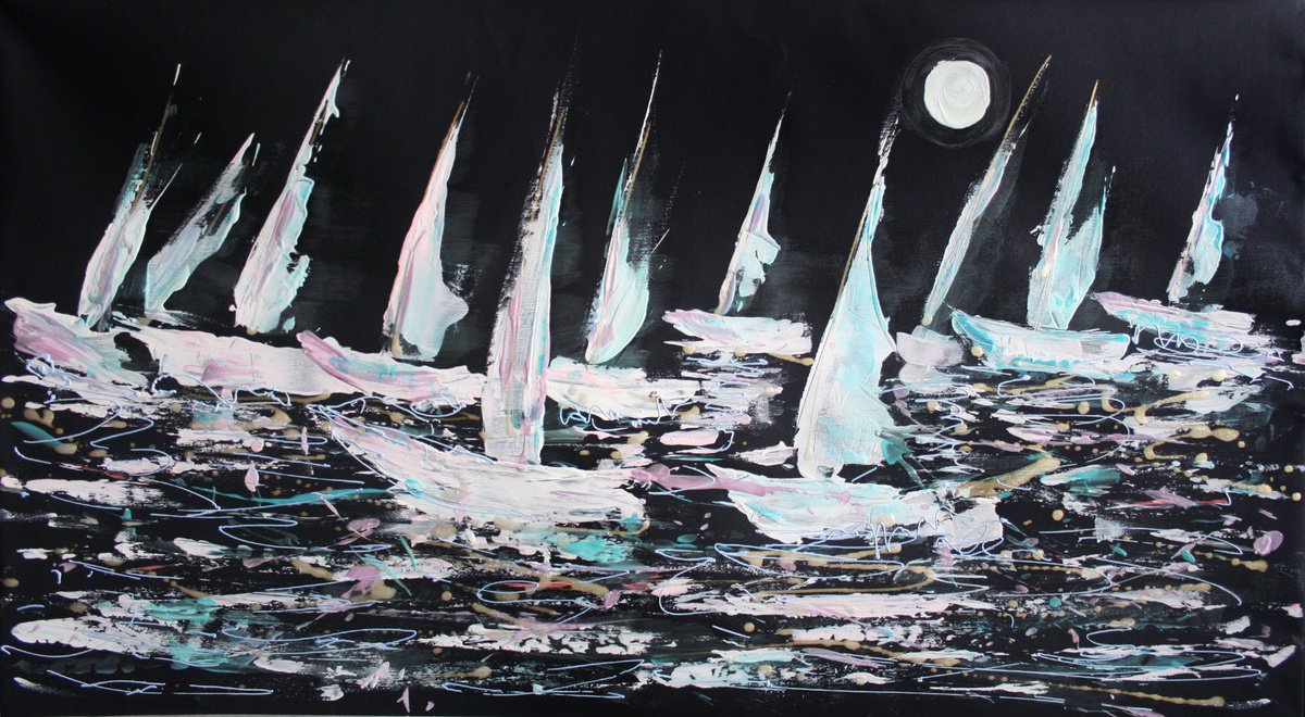 Expressive Abstract Acrylic Painting By Salana Art / Svetlana Samovarova, 39 X 22", Night Regatta, Original Artwork
