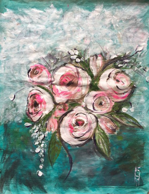 Pink Roses II Acrylic on Newspaper Nature Art Flower Painting of Colour Floral Art Still Life 37x29cm Gift Ideas Original Art Modern Art Contemporary Painting Abstract Art For Sale Buy Original Art Free Shipping by Kumi Muttu