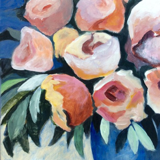 Pink Roses in Blue Vase