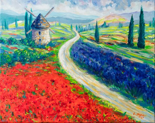 The Windmill between fields of poppies and lavender Painting by Cristina Stefan