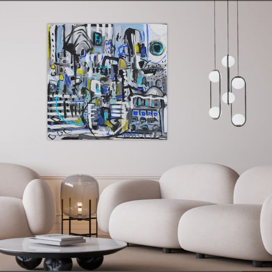Black and white abstract painting on canvas  - "Dusk before dawn"