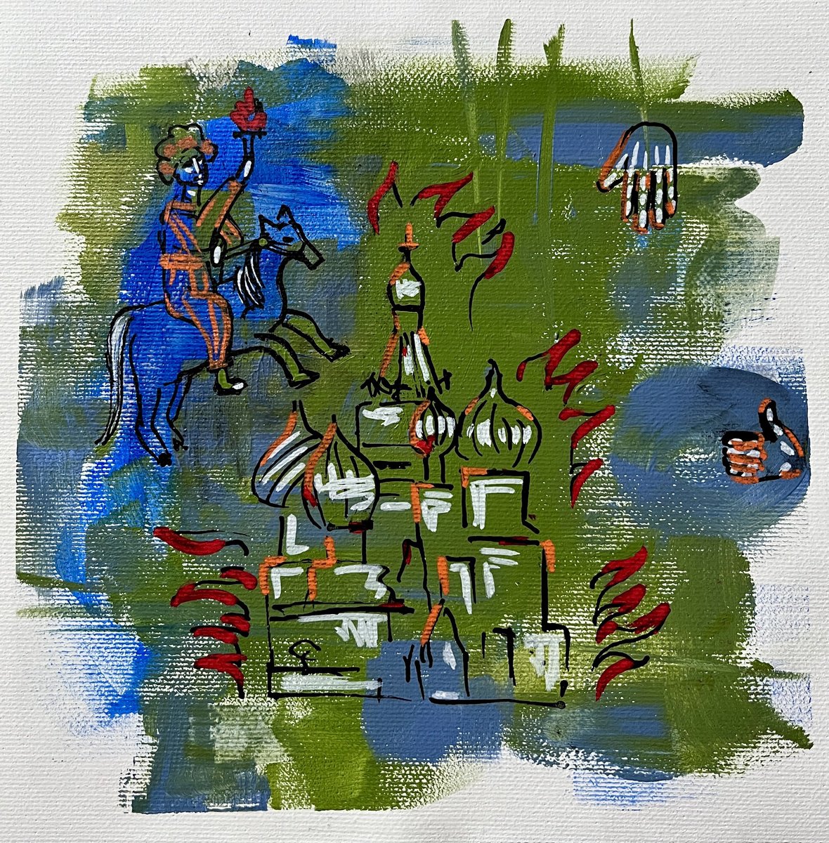 Naive Cityscapes Acrylic Painting By Yuliia Chaika, 8 X 8", Napoleon. Moscow Is Burning, Original Artwork