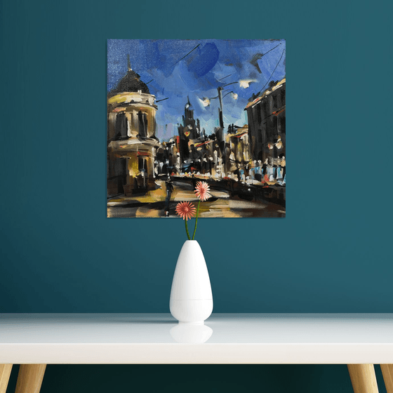 Walk around the city at night.Original oil painting, Handmade artwork.