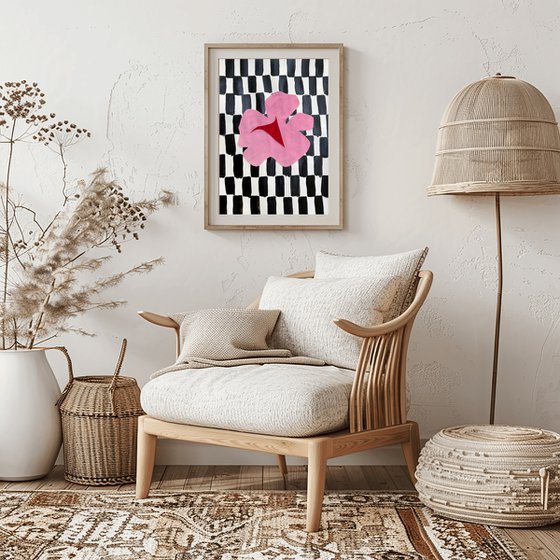 Pink Flower on Checkerboard