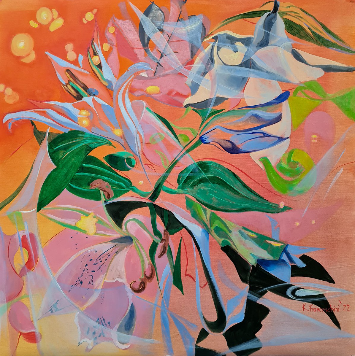 Unconsciously seeing - pyrrole orange , blue and pink by Karolina Franceschini